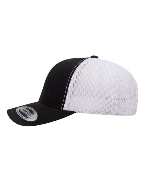 Yupoong 6606 snapback trucker hat in Black/ White, angled side view.