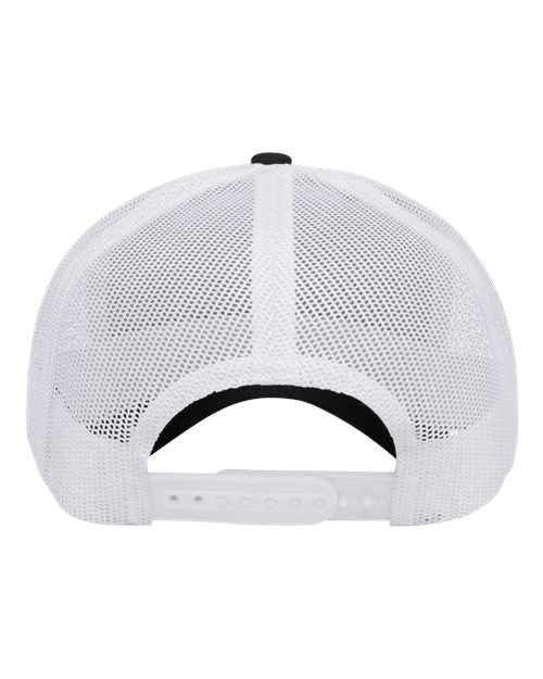 Yupoong 6606 snapback trucker hat in Black/ White, back view.
