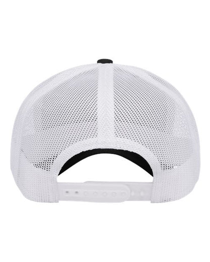 Yupoong 6606 snapback trucker hat in Black/ White, back view.