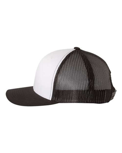 Yupoong 6606 snapback trucker hat in Black/ White/ Black, angled side view.