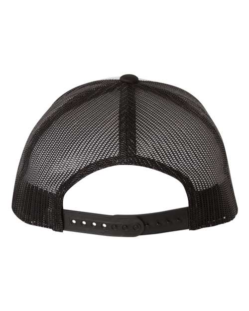 Yupoong 6606 snapback trucker hat in Black/ White/ Black, back view.