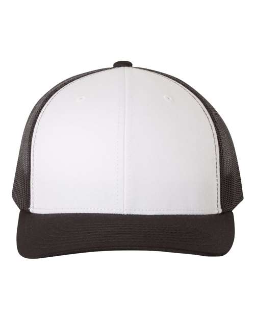 Yupoong 6606 snapback trucker hat in Black/ White/ Black, front view.