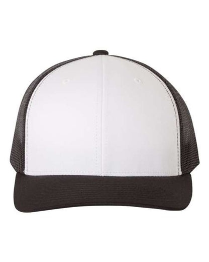 Yupoong 6606 snapback trucker hat in Black/ White/ Black, front view.