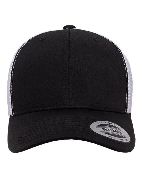 Yupoong 6606 snapback trucker hat in Black/ White, front view.