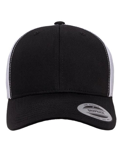 Yupoong 6606 snapback trucker hat in Black/ White, front view.