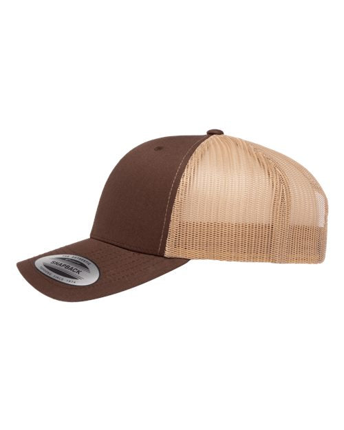 Yupoong 6606 snapback trucker hat in Brown/ Khaki, angled side view.