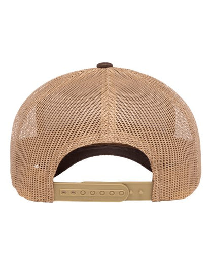 Yupoong 6606 snapback trucker hat in Brown/ Khaki, back view.