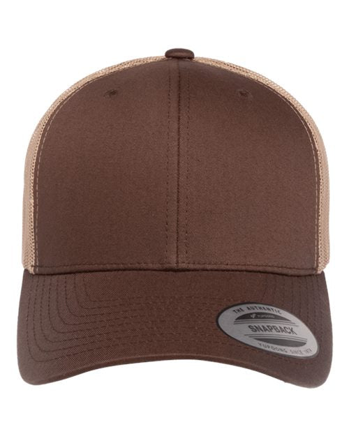 Yupoong 6606 snapback trucker hat in Brown/ Khaki, front view.
