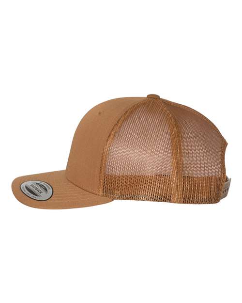 Yupoong 6606 snapback trucker hat in Caramel, angled side view.