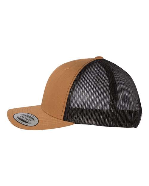 Yupoong 6606 snapback trucker hat in Caramel/ Black, angled side view.