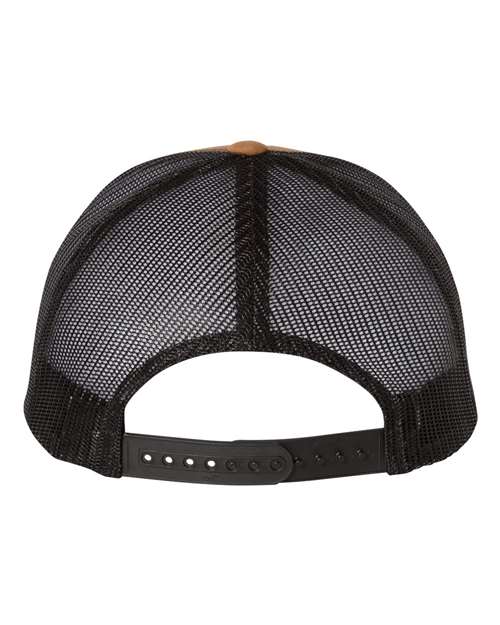 Yupoong 6606 snapback trucker hat in Caramel/ Black, back view.