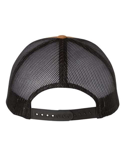 Yupoong 6606 snapback trucker hat in Caramel/ Black, back view.