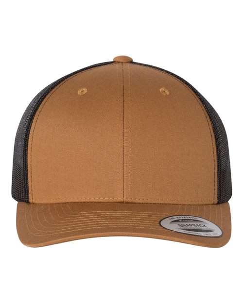 Yupoong 6606 snapback trucker hat in Caramel/ Black, front view.