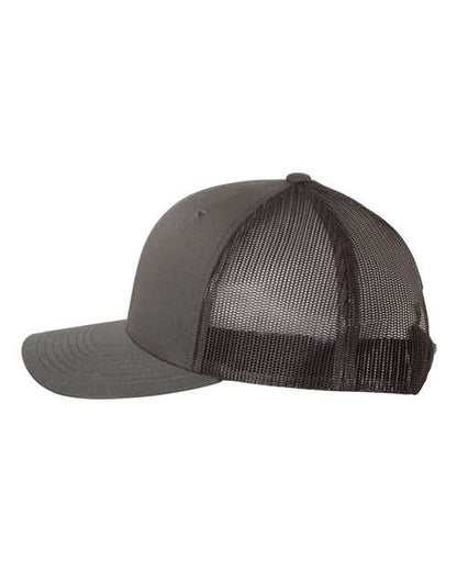 Yupoong 6606 snapback trucker hat in Charcoal, angled side view.