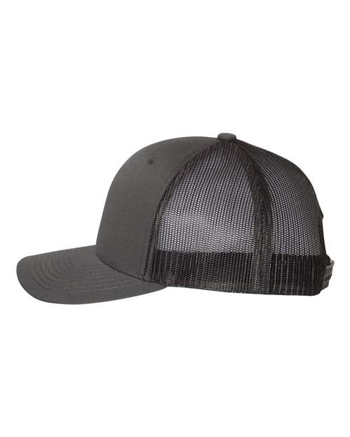 Yupoong 6606 snapback trucker hat in Charcoal/ Black, angled side view.