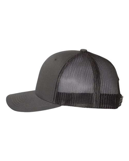 Yupoong 6606 snapback trucker hat in Charcoal/ Black, angled side view.