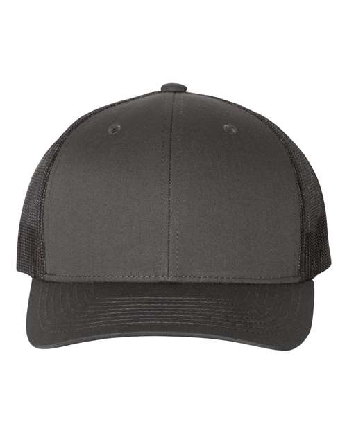 Yupoong 6606 snapback trucker hat in Charcoal/ Black, front view.