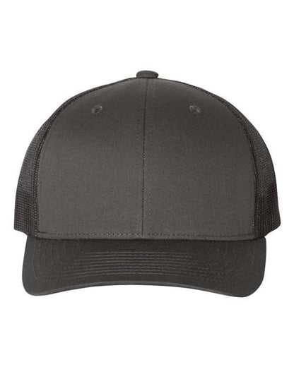 Yupoong 6606 snapback trucker hat in Charcoal/ Black, front view.