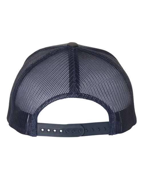 Yupoong 6606 snapback trucker hat in Charcoal/ Navy, back view.
