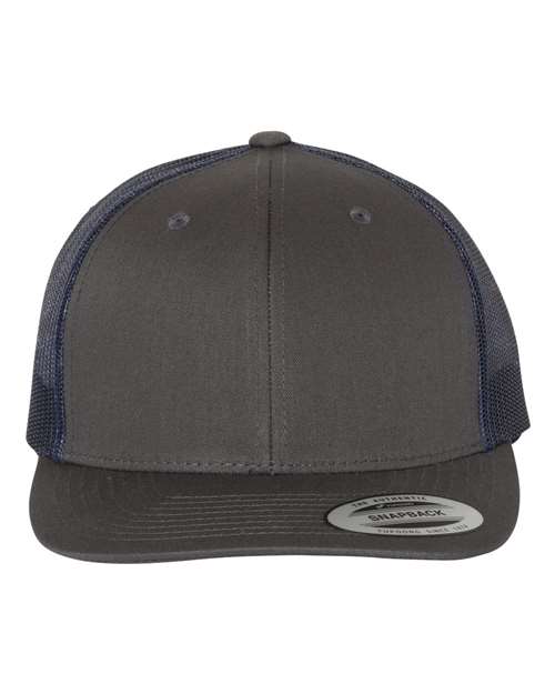 Yupoong 6606 snapback trucker hat in Charcoal/ Navy, front view.