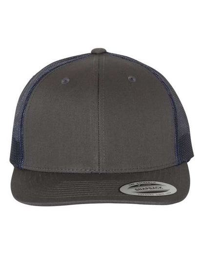 Yupoong 6606 snapback trucker hat in Charcoal/ Navy, front view.