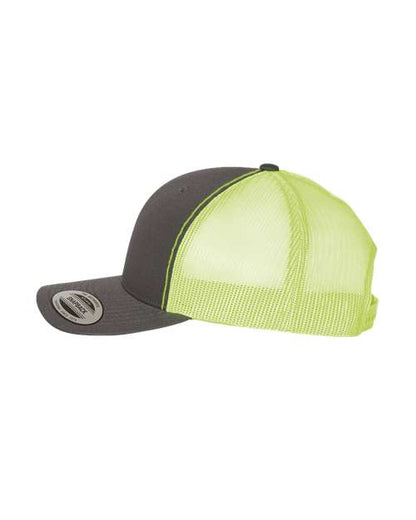 Yupoong 6606 snapback trucker hat in Charcoal/ Neon Green, angled side view.
