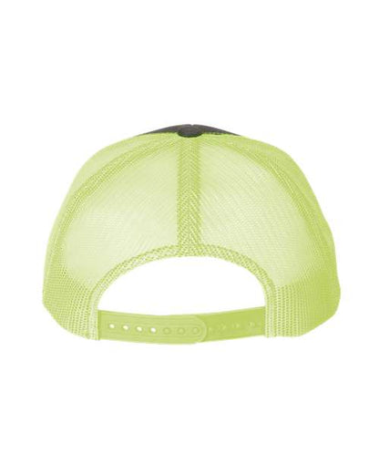 Yupoong 6606 snapback trucker hat in Charcoal/ Neon Green, back view.