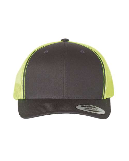 Yupoong 6606 snapback trucker hat in Charcoal/ Neon Green, front view.