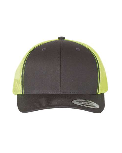 Yupoong 6606 snapback trucker hat in Charcoal/ Neon Green, front view.