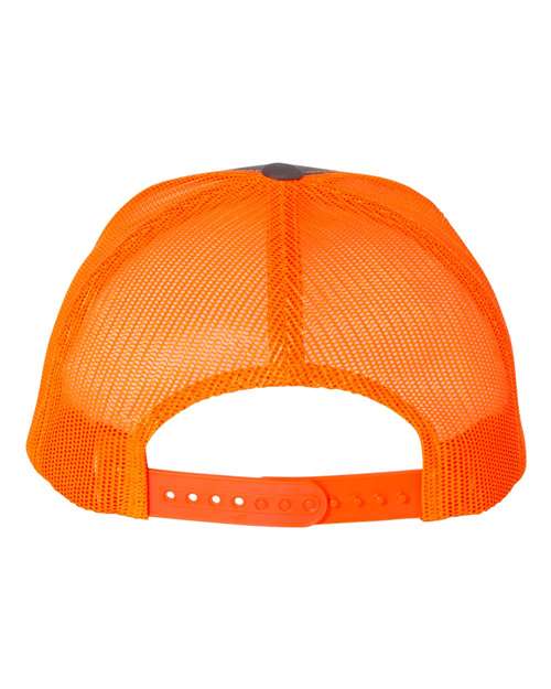 Yupoong 6606 snapback trucker hat in Charcoal/ Neon Orange, back view.