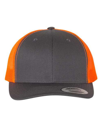 Yupoong 6606 snapback trucker hat in Charcoal/ Neon Orange, front view.