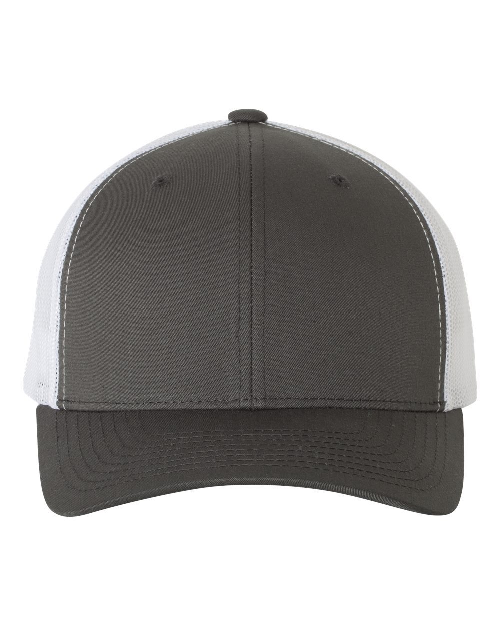 Yupoong 6606 snapback trucker hat in Charcoal / White, alternate front view.