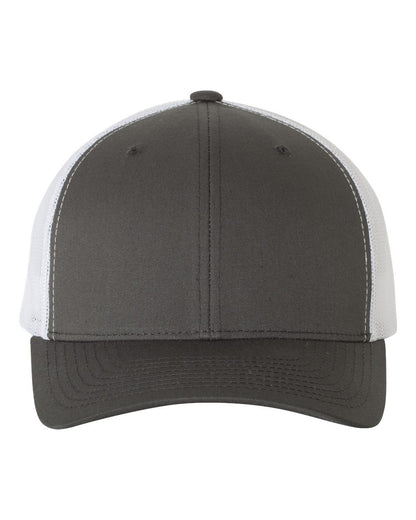 Yupoong 6606 snapback trucker hat in Charcoal / White, alternate front view.