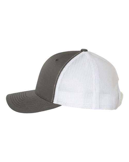 Yupoong 6606 snapback trucker hat in Charcoal/ White, angled side view.