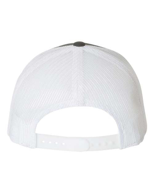 Yupoong 6606 snapback trucker hat in Charcoal/ White, back view.