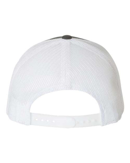Yupoong 6606 snapback trucker hat in Charcoal/ White, back view.