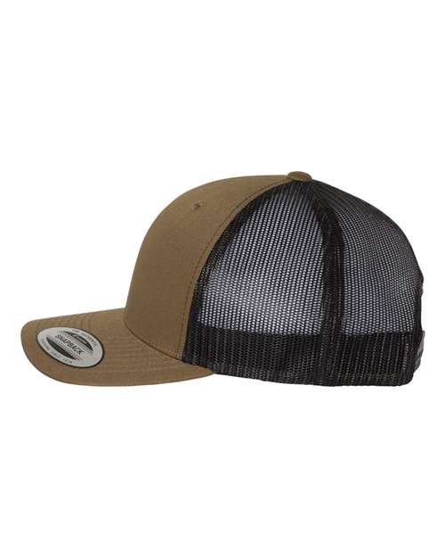 Yupoong 6606 snapback trucker hat in Coyote Brown/ Black, angled side view.