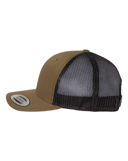 Yupoong 6606 snapback trucker hat in Coyote Brown/ Black, angled side view.