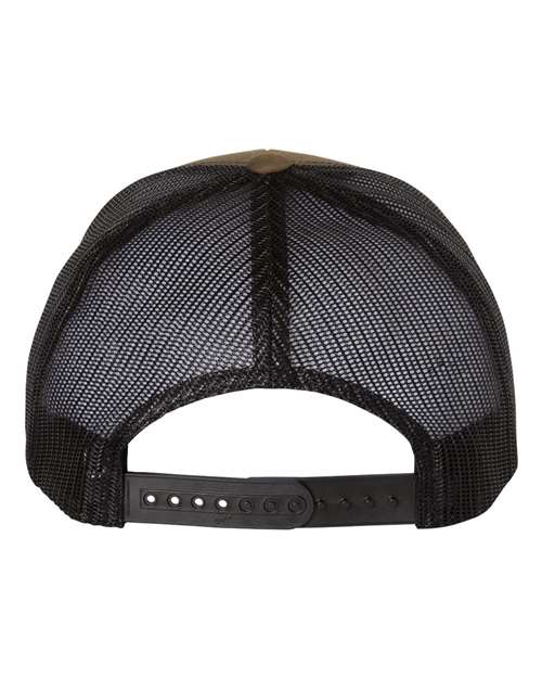 Yupoong 6606 snapback trucker hat in Coyote Brown/ Black, back view.