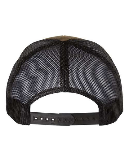 Yupoong 6606 snapback trucker hat in Coyote Brown/ Black, back view.