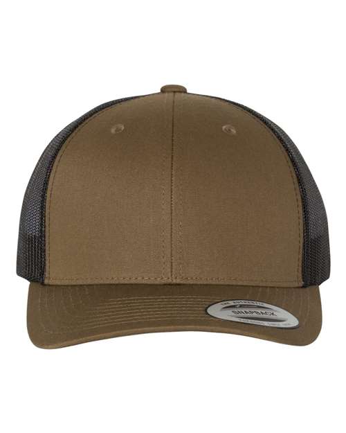 Yupoong 6606 snapback trucker hat in Coyote Brown/ Black, front view.