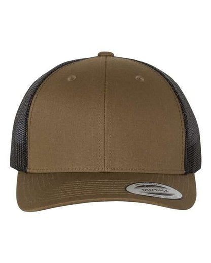 Yupoong 6606 snapback trucker hat in Coyote Brown/ Black, front view.