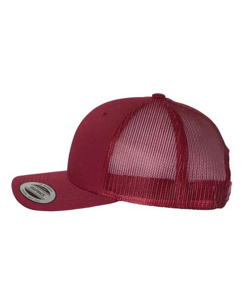 Yupoong 6606 snapback trucker hat in Cranberry, angled side view.