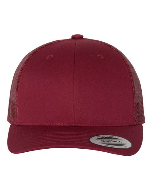 Yupoong 6606 snapback trucker hat in Cranberry, front view.