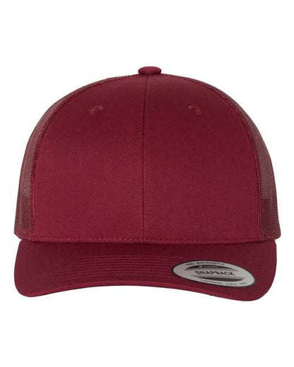 Yupoong 6606 snapback trucker hat in Cranberry, front view.