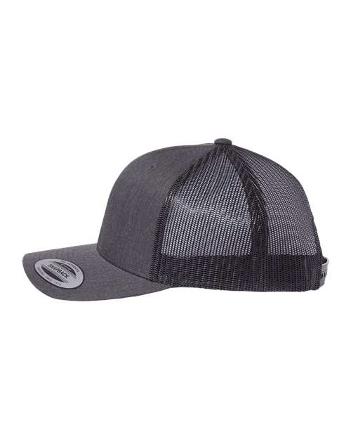Yupoong 6606 snapback trucker hat in Dark Heather Grey, angled side view.