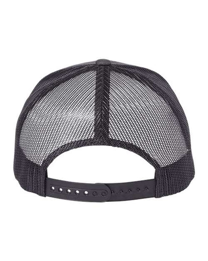 Yupoong 6606 snapback trucker hat in Dark Heather Grey, back view.