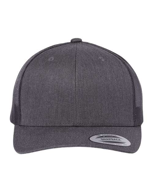 Yupoong 6606 snapback trucker hat in Dark Heather Grey, front view.