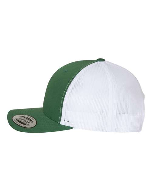 Yupoong 6606 snapback trucker hat in Evergreen/ White, angled side view.