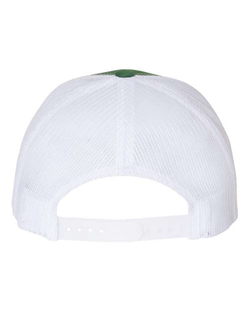 Yupoong 6606 snapback trucker hat in Evergreen/ White, back view.
